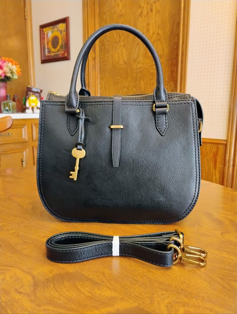 Fossil Ryder Black Sturdy Smooth Leather Satchel/Cross Body Bag W/ Gold Hardware